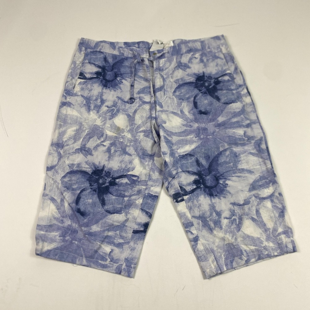 Vintage Columbia Pants Womens Large Blue White Linen Floral Capri 00s AL 8184
